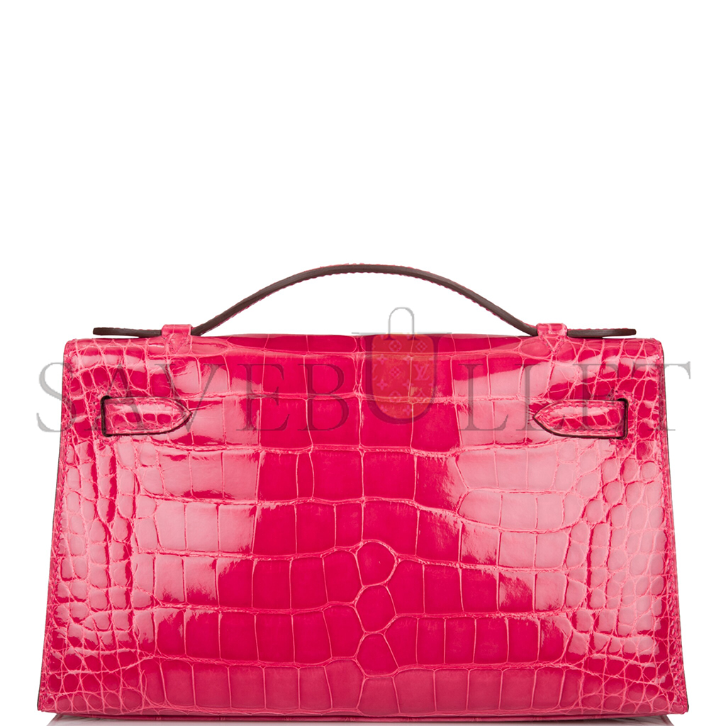 H**mes master rose extreme mini kelly pochette of shiny mississippiensis alligator palladium hardware (22*14*7cm)